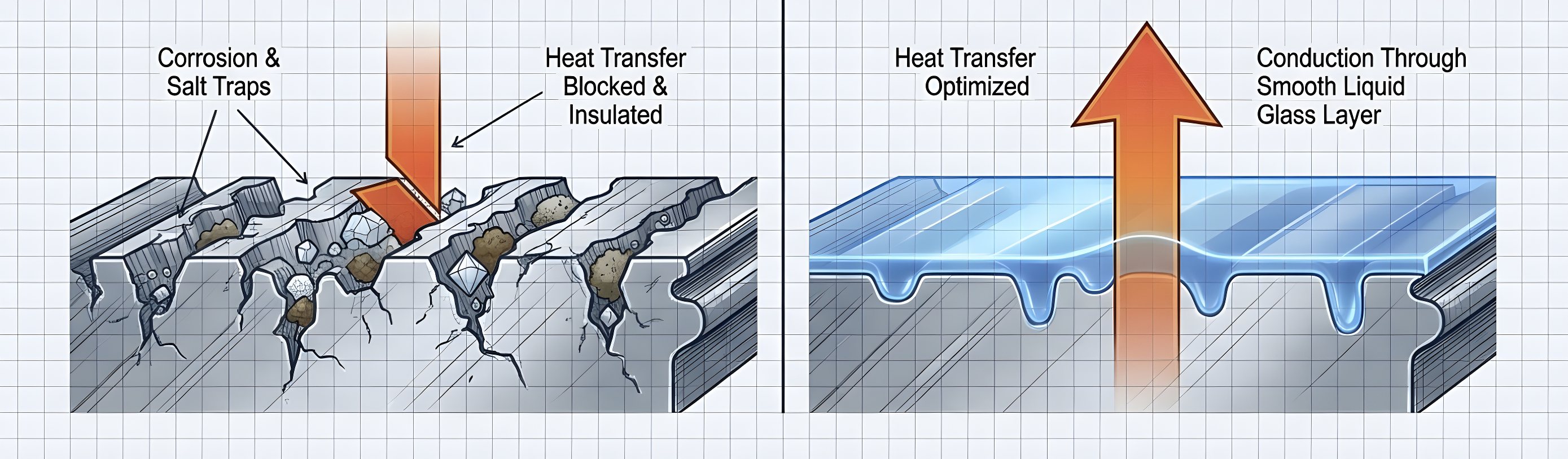 Two-panel illustration. Left, an uncoated fin surface pitted with corrosion and salt traps that block and insulate heat transfer. Right, the same surface sealed by a smooth SIMIX liquid-glass layer that conducts heat away.