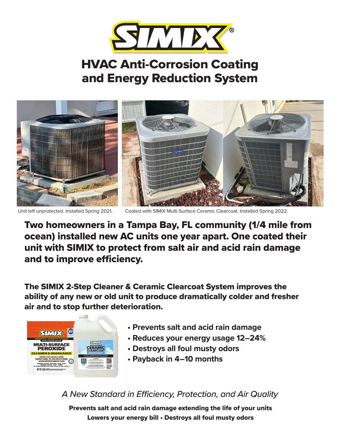 Page 1 of the SIMIX HVAC anti-corrosion report (SMX-228): the Tampa Bay coated and uncoated units and the salt-fog test summary