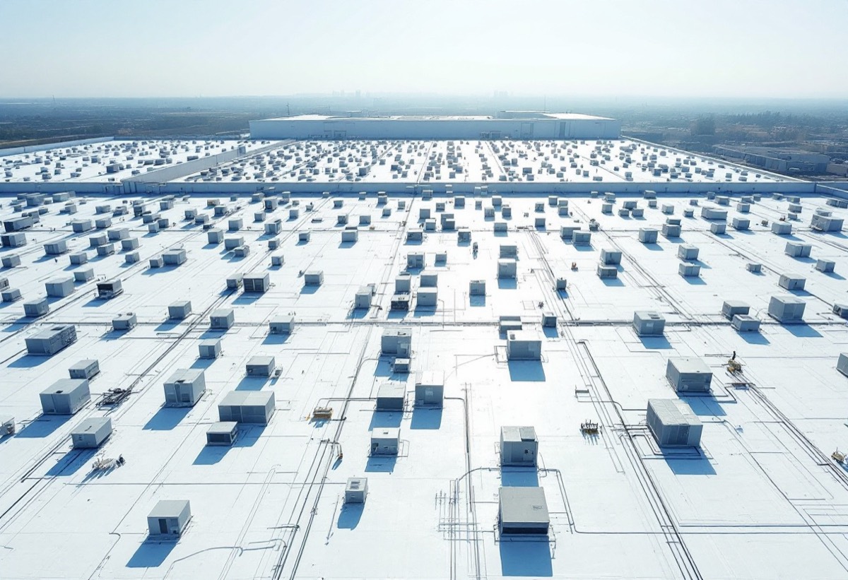 Aerial view of a big-box retail white membrane roof covered with rows of packaged rooftop HVAC units