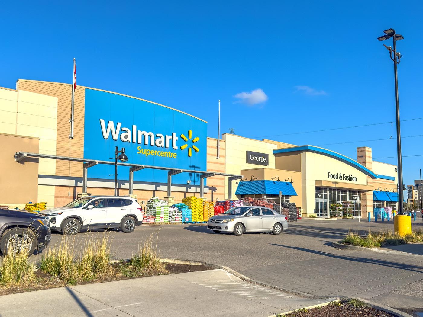 Big-box retail supercenter storefront with rooftop packaged HVAC equipment