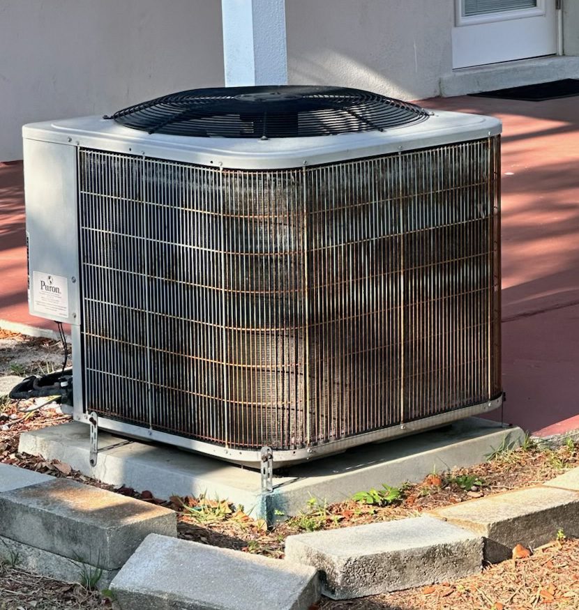 Corroded, salt-fouled HVAC condenser fins before SIMIX cleaning and coating
