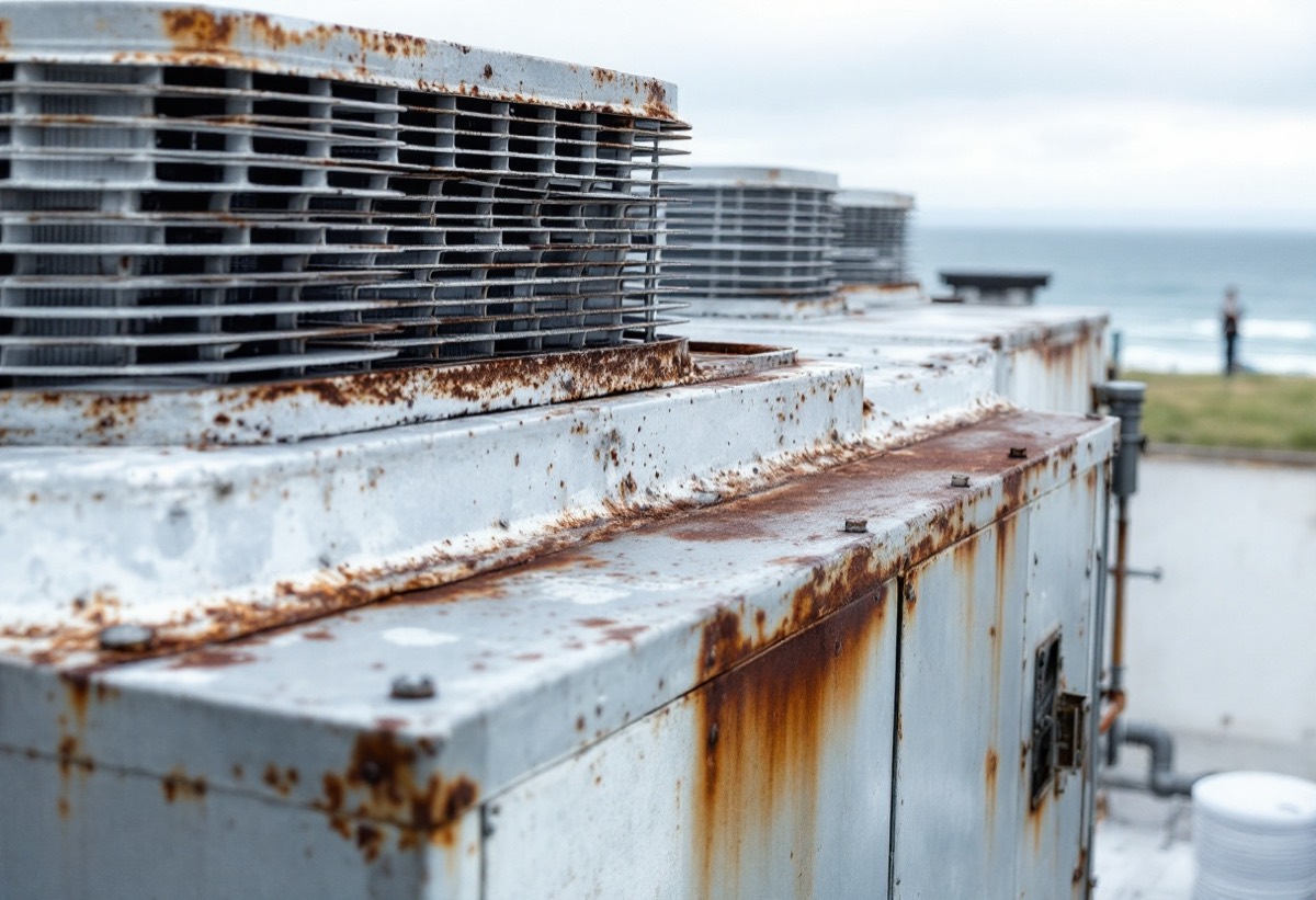 Ageing coastal rooftop condenser unit with salt oxidation on the fins and rust on the cabinet