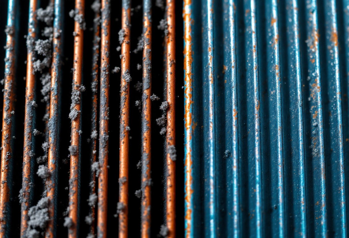 Side-by-side HVAC coil fin comparison: corroded, dust-caked fins on the left next to fins cleaned and coated with SIMIX's conductive ceramic clearcoat on the right