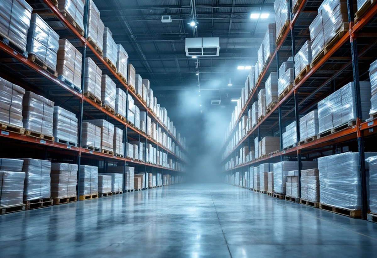 Refrigerated cold storage warehouse aisle with racked pallets and ceiling-mounted evaporator units