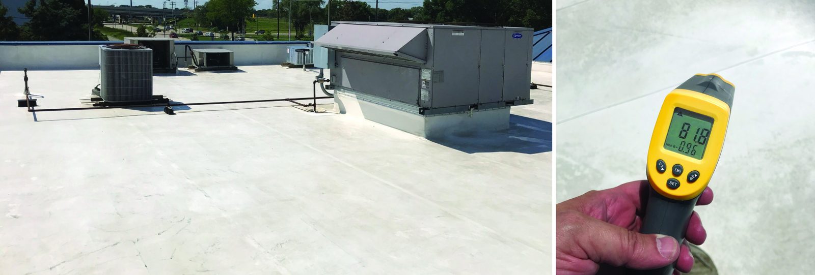 Coated white membrane roof with rooftop units at Culver's in Middleton, Wisconsin, beside an infrared thermometer reading 81.8 degrees Fahrenheit