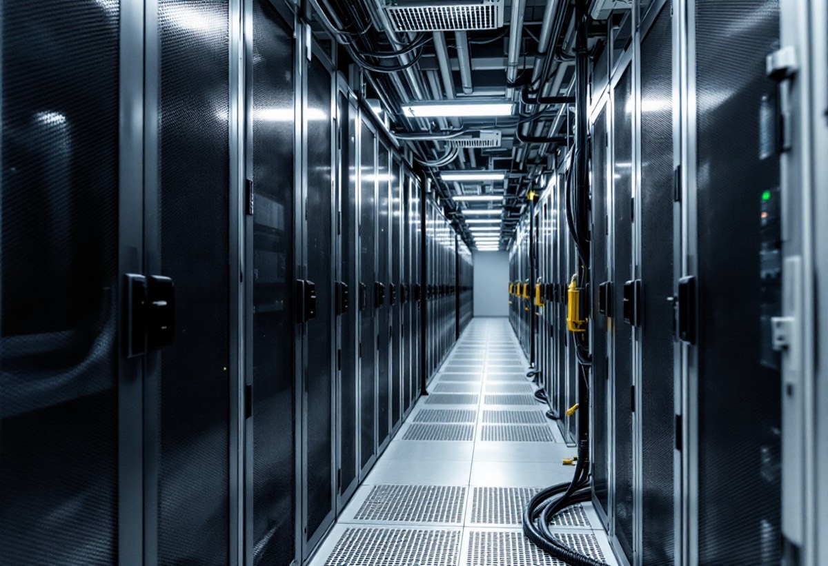 Cold aisle inside a data center with server cabinets, perforated floor tiles and in-row cooling units