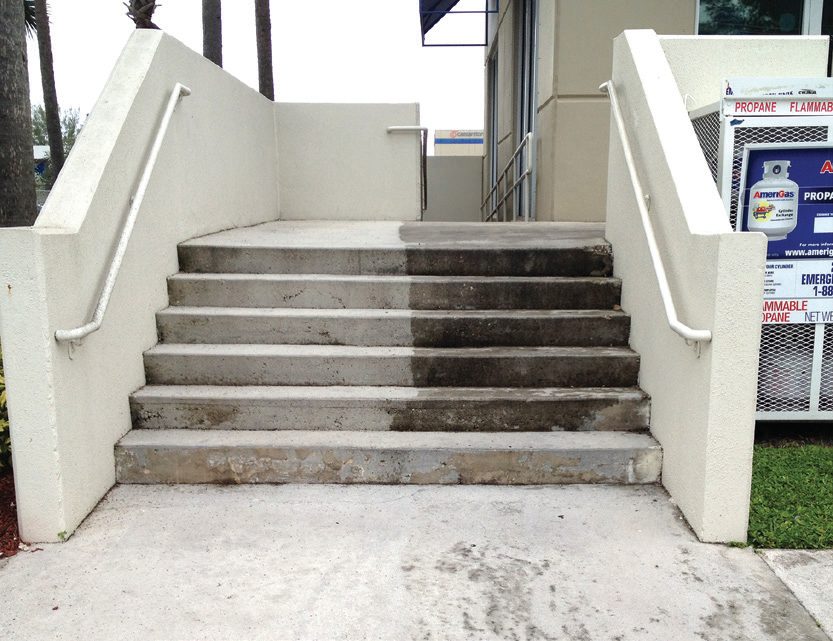 Concrete steps at ABC Supply in Fort Lauderdale, Florida: the left side cleaned and coated with SIMIX in 2008 is still clean after 14 years, the uncoated right side is covered in mold and grime