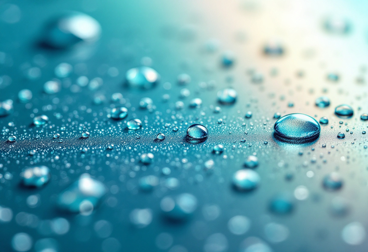Macro close-up of water droplets beading on a SIMIX-coated surface, the hygroscopic effect that pulls moisture from the air and cools the coil as it evaporates
