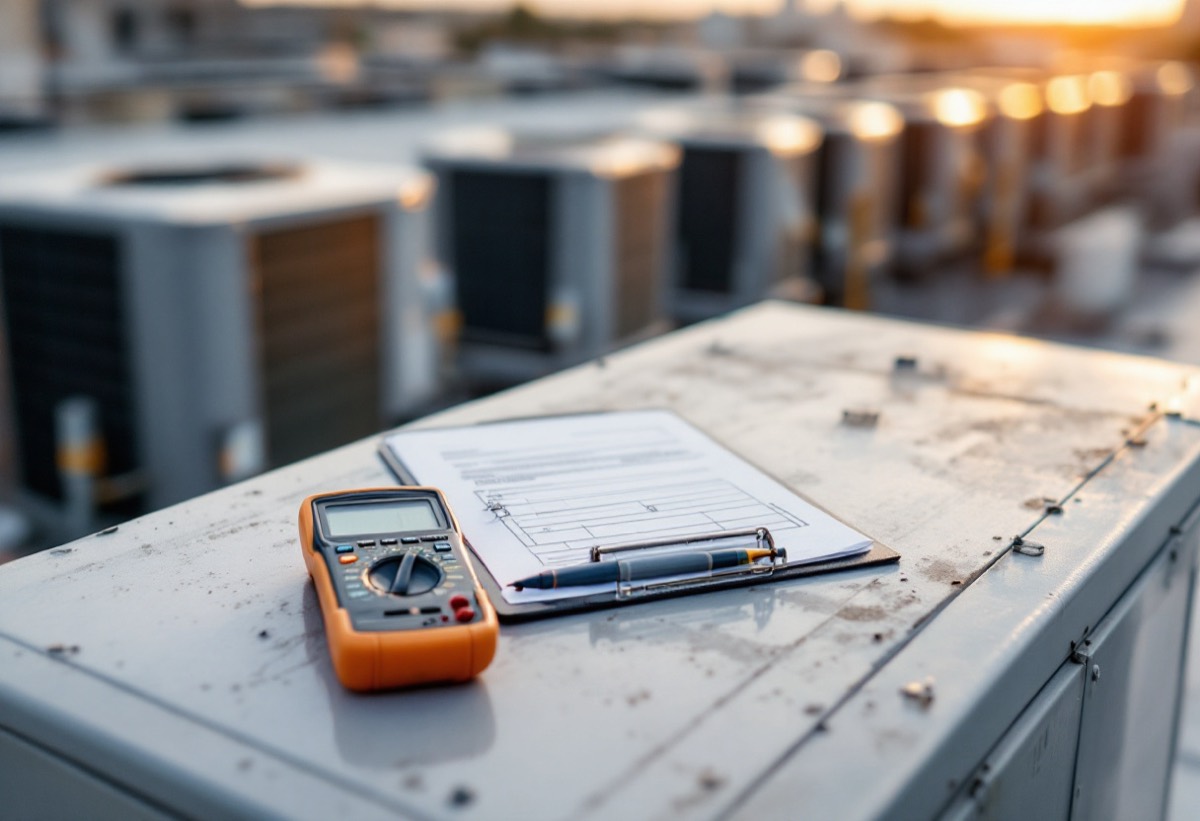 Multimeter and inspection clipboard resting on a rooftop HVAC cabinet during a facility energy audit