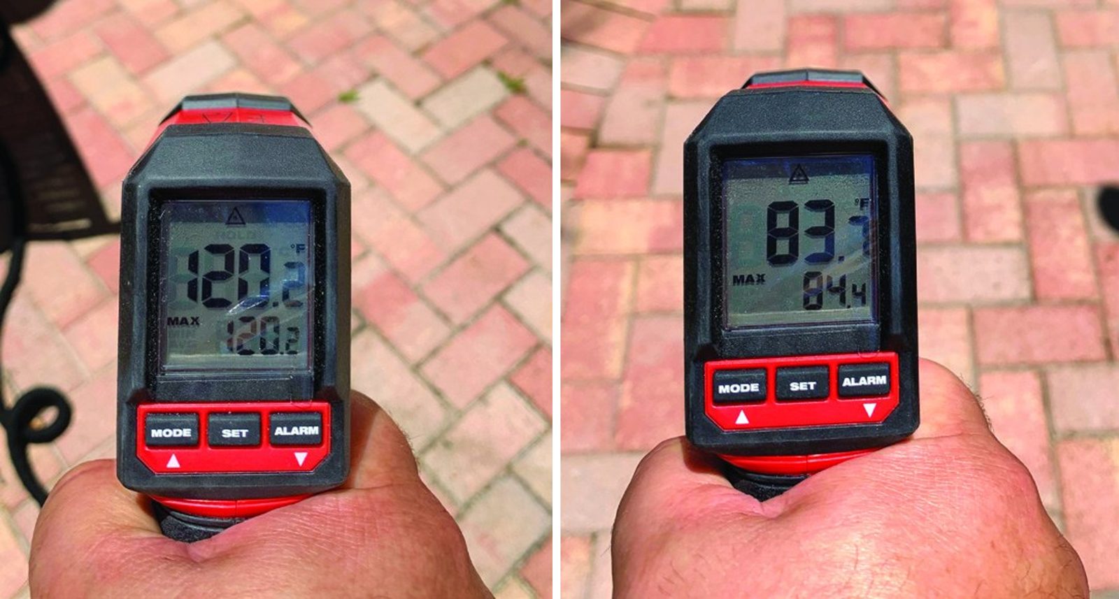 Infrared thermometer on brick pavers reading 120.2 degrees Fahrenheit before coating and 83.7 degrees after SIMIX Ceramic Clearcoat