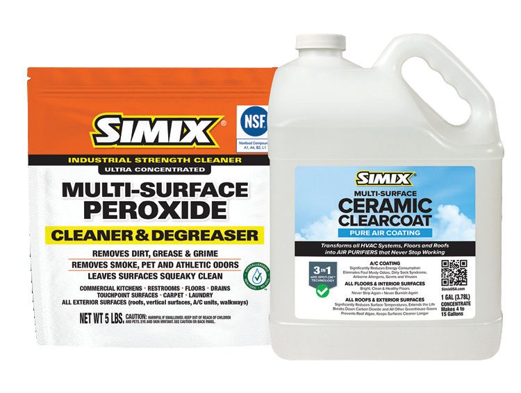 SIMIX Multi-Surface Peroxide Cleaner & Degreaser pouch label beside the Multi-Surface Ceramic Clearcoat gallon jug label