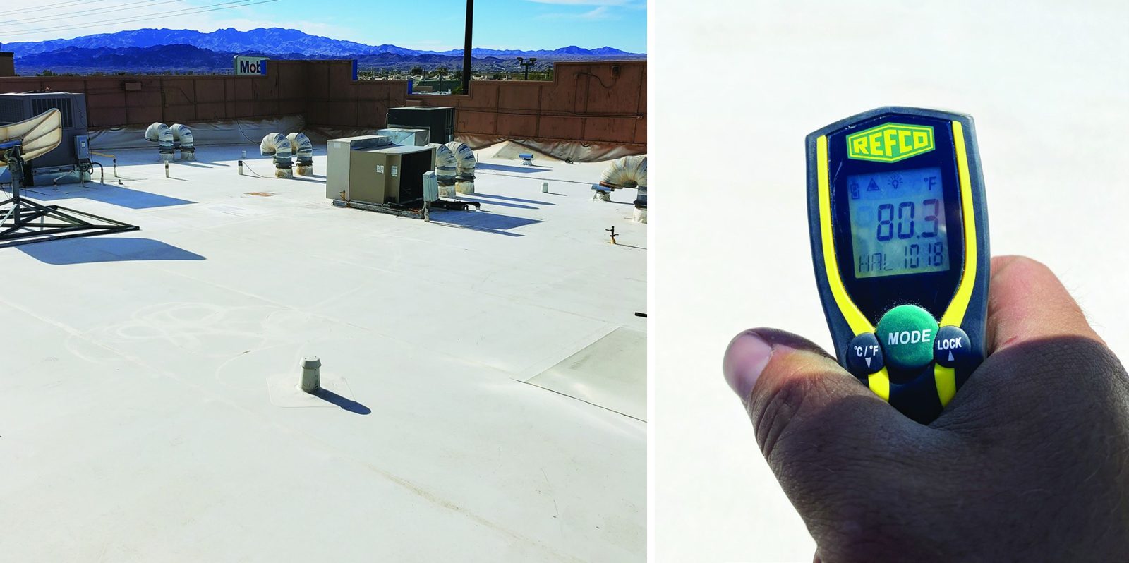 Coated white membrane roof at the Sundance Convenience Store in Lake Havasu, Arizona, beside an infrared thermometer reading 80.3 degrees Fahrenheit
