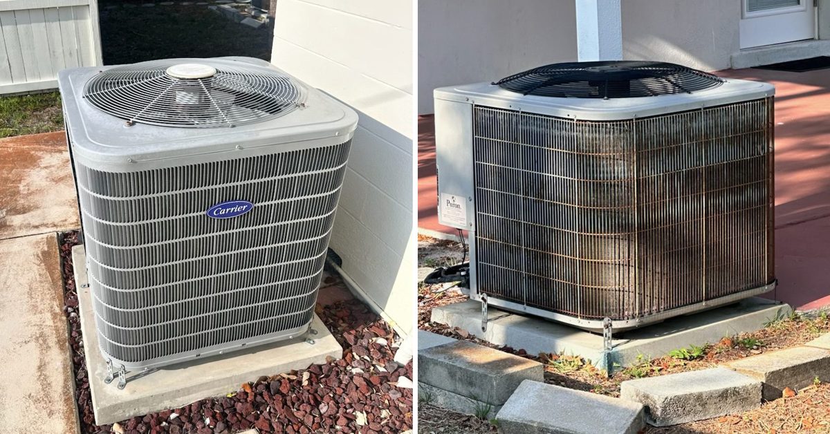 Two neighbouring AC units in Tampa Bay, Florida: left, coated with SIMIX and clean; right, uncoated and heavily corroded